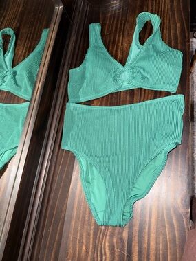 City Chic Turquoise Ribbed High-Waist Bikini Set
